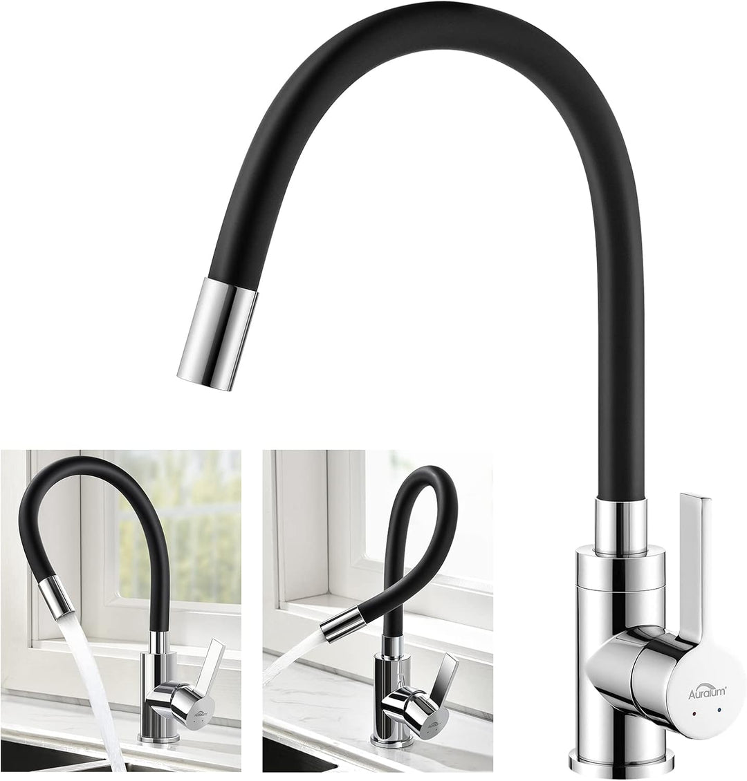 Wasserhahn Küche Schwarz, Auralum Küchenamatur mit Flexibler Auslauf, Hochdruck Armatur Küche 360° D