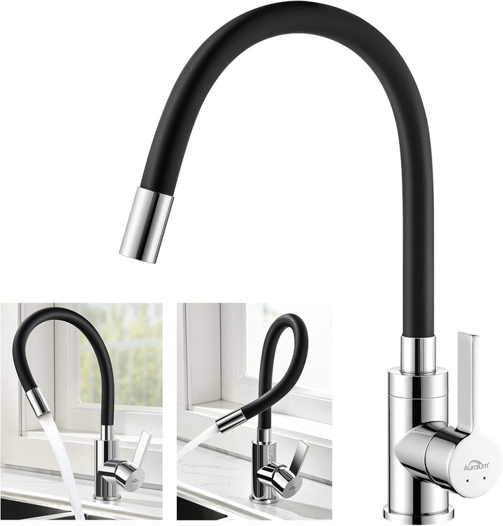 Wasserhahn Küche Schwarz, Auralum Küchenamatur mit Flexibler Auslauf, Hochdruck Armatur Küche 360° D