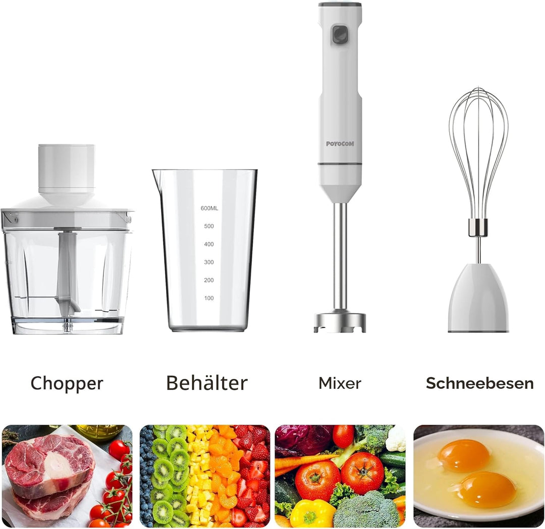 POYOCOM Kabelloser Stabmixer, Akku-Stabmixer mit TYP-C-Kabel, 500 ml Zerkleinererer, 600 ml Gefäss,