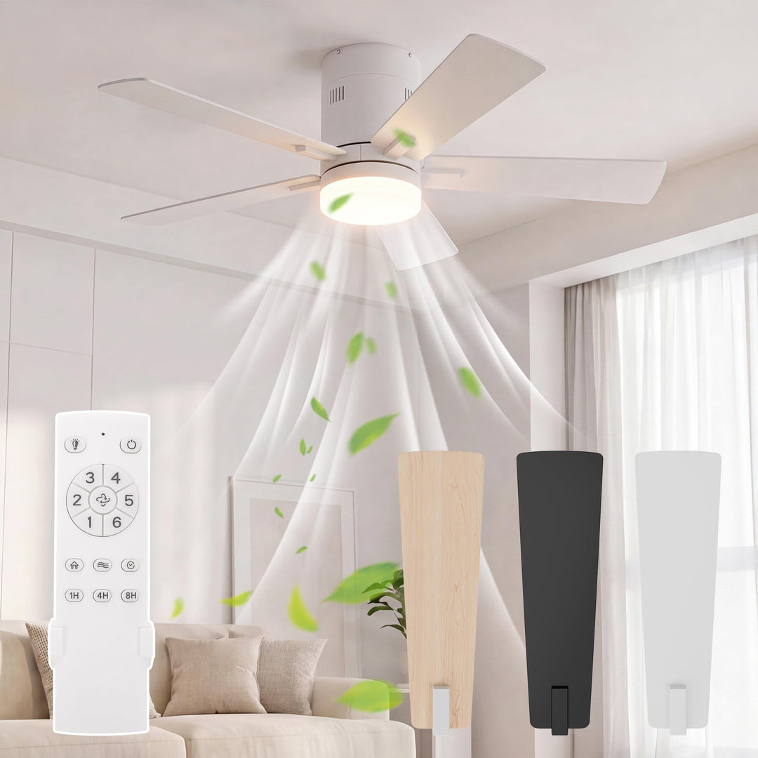 Deckenventilator mit Beleuchtung 106.6 cm, 5 Massivholzflügel (Weiss) | Ultraflaches Design 28 cm, 6