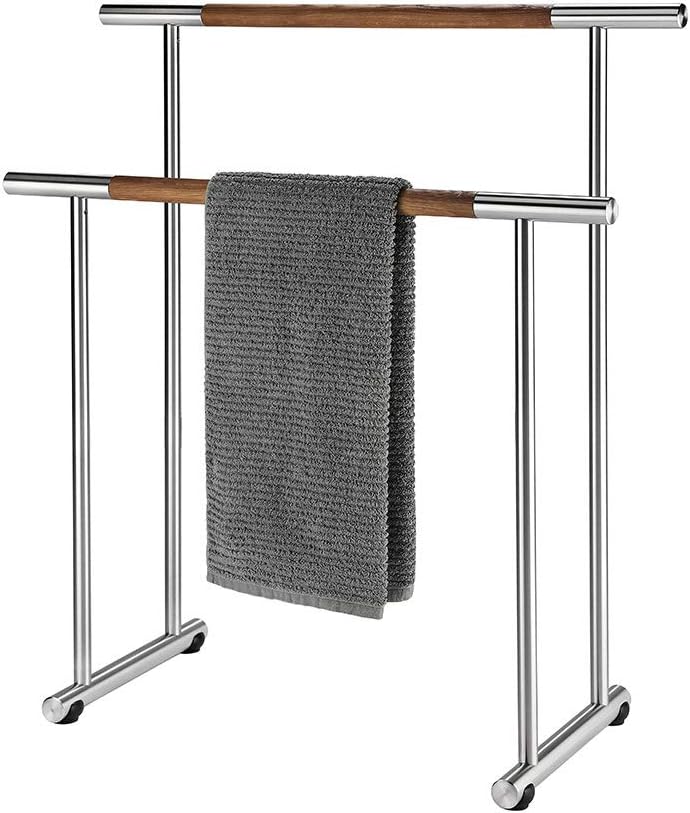 HISKA Handtuchständer aus Edelstahl und Eiche (Echtholz), HxBxT: 86x76x30 cm, Handtuchhalter mit 2 H