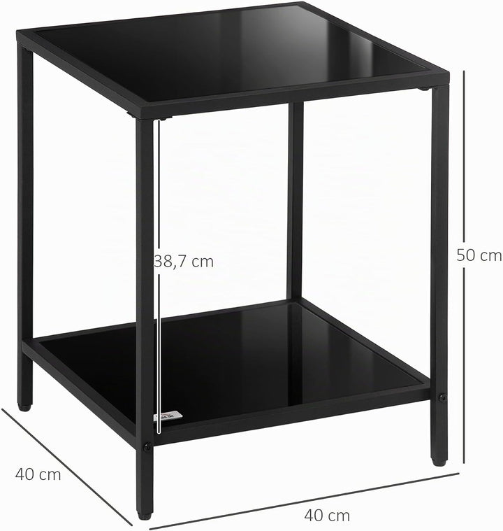 HOMCOM Beistelltisch Quadratischer Couchtisch mit 2 Ebenen, Wohnzimmertisch aus Hartglas und Stahl,