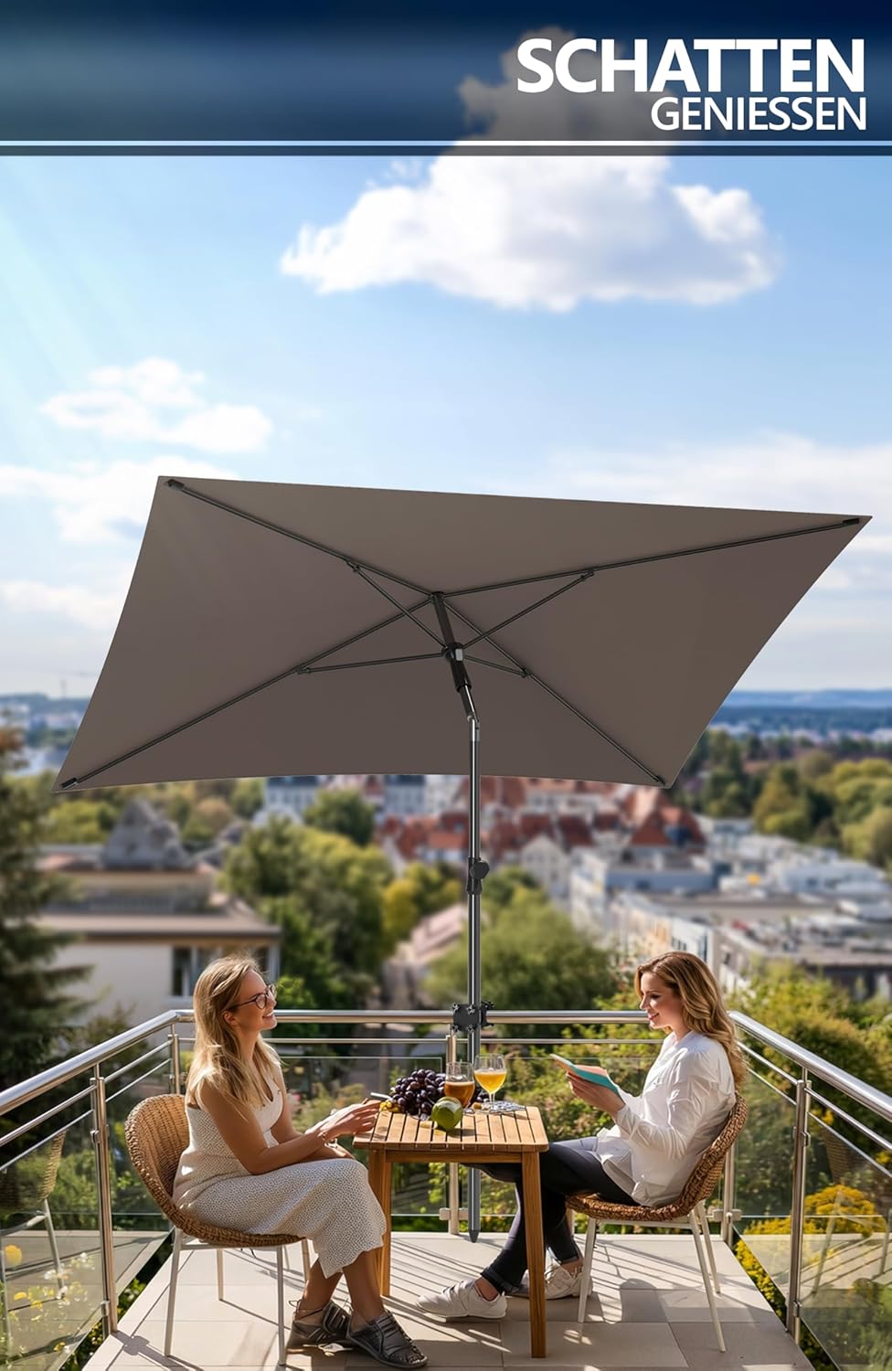 4smile Sonnenschirm Balkon SunnyShade 3-in-1 SET in Taupe - UPF 50+ Sonnenschirm rechteckig 200 x 12