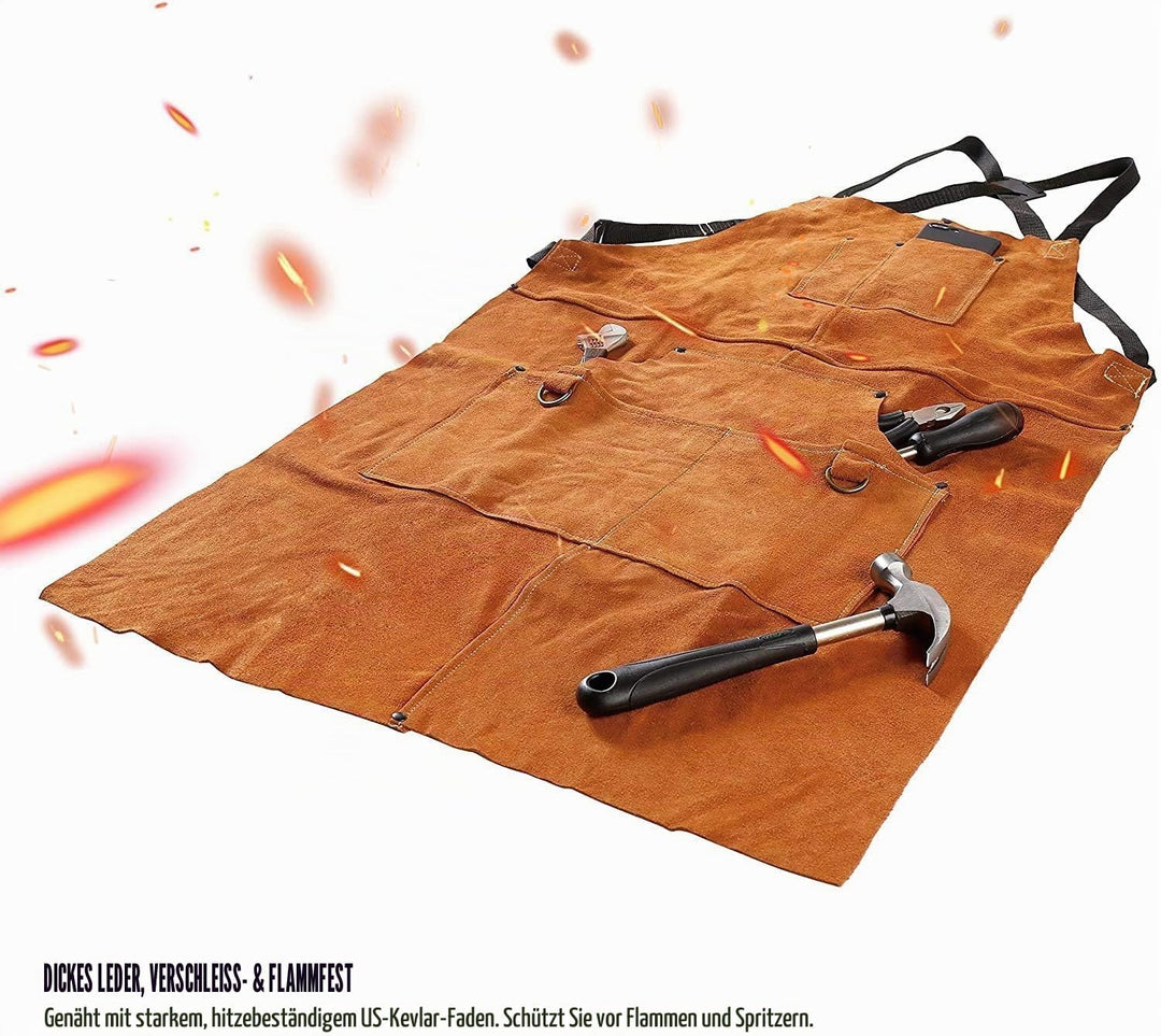 QeeLink Schweisserschürze Leder mit 6 Taschen, Lederschürze – Flammhemmende & Hitzebeständige Arbeit