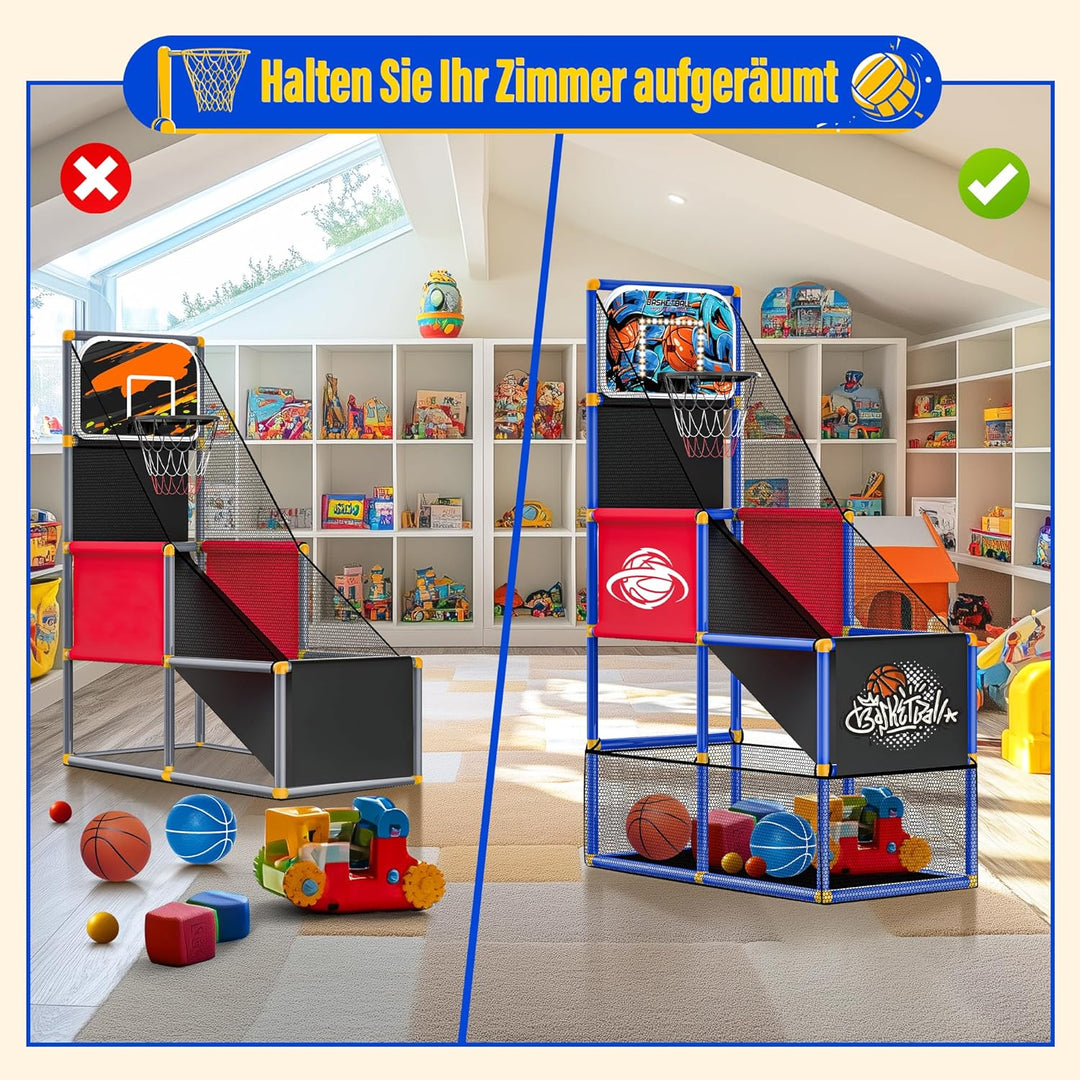 SKERITO Basketball Spielset, Basketballspiel-Set mit 4 Bällen und Reifen für Kinder von 3 4 5 6 7 8