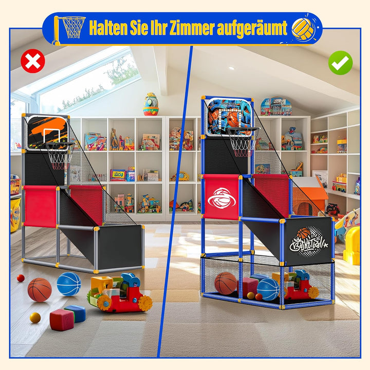 SKERITO Basketball Spielset, Basketballspiel-Set mit 4 Bällen und Reifen für Kinder von 3 4 5 6 7 8