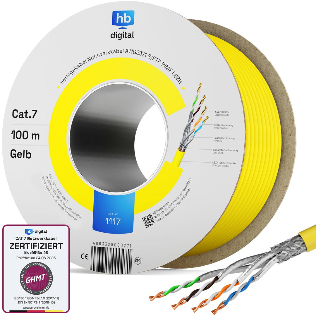 HB-DIGITAL 100m CAT.7 Netzwerkkabel LAN Kabel Verlegekabel AWG 23 Reines Kupfer S/FTP PiMF LSZH Halo
