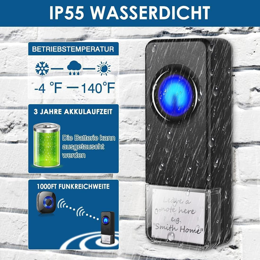 Funkklingel, PHYSEN Türklingel Funk Set, IP55 Funkklingel Aussen Wasserdicht, 400M Reichweite Kabell
