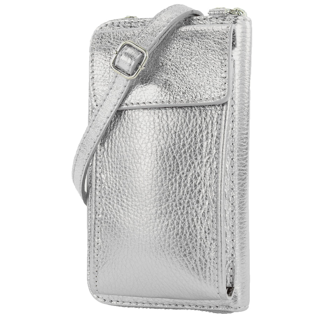 modamoda de - P06 - ital. Damen Umhängetasche Geldbörse Handytasche Leder Silber, Silber