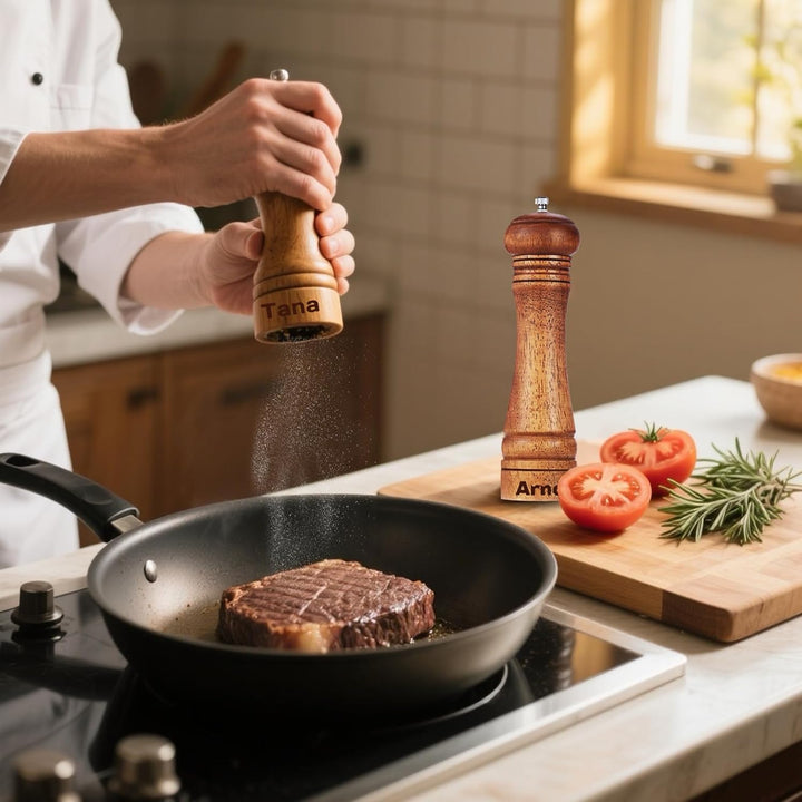 Personalisierte Salz und Pfeffermühle Holz Set Angefertigt Manuelle Salzmühle mit Text Name Holz Müh