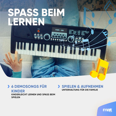 MAX KD49P - Kinder Keyboard mit Mikrofon, 49 Tasten, 16 Klangarten, 8 Rhythmen & Sounds, Kinderklavi