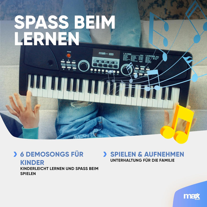 MAX KD49P - Kinder Keyboard mit Mikrofon, 49 Tasten, 16 Klangarten, 8 Rhythmen & Sounds, Kinderklavi