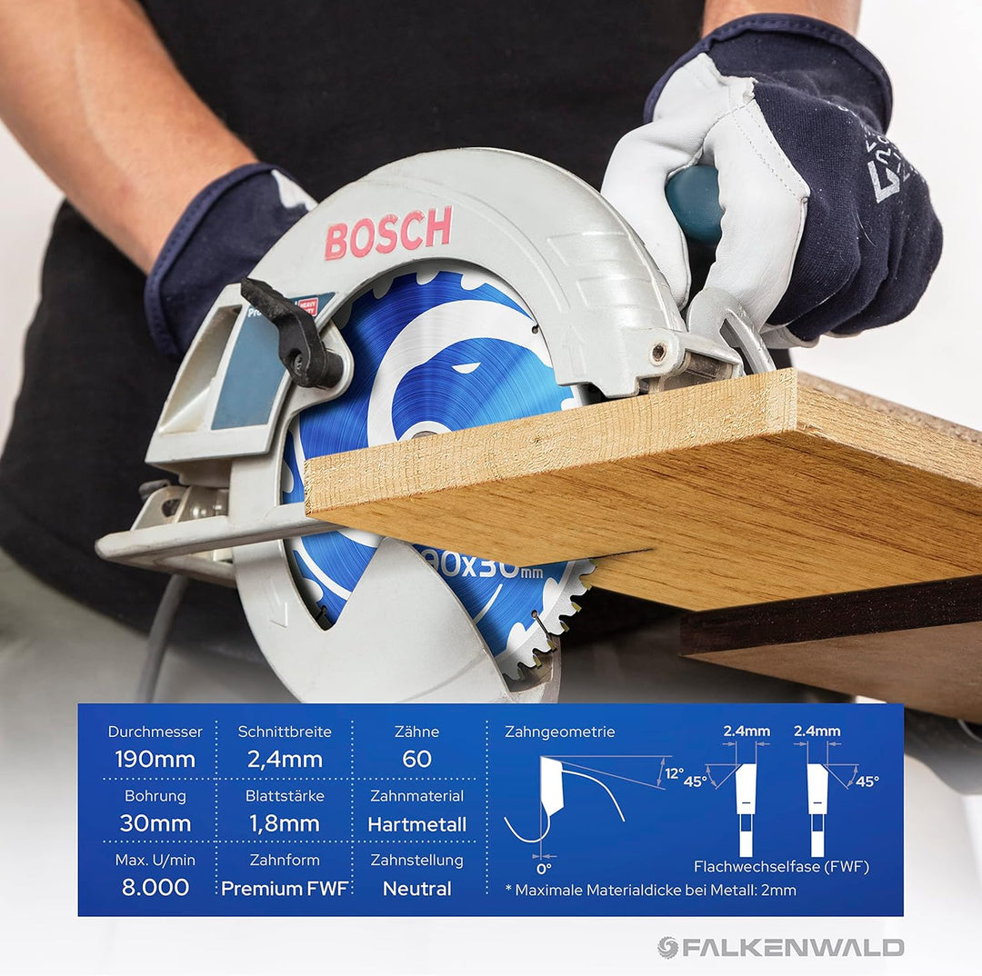 FALKENWALD ® Kreissägeblatt 190x30 mm für Holz, Metall & Alu - Sägeblatt 190x30 kompatibel mit Handk