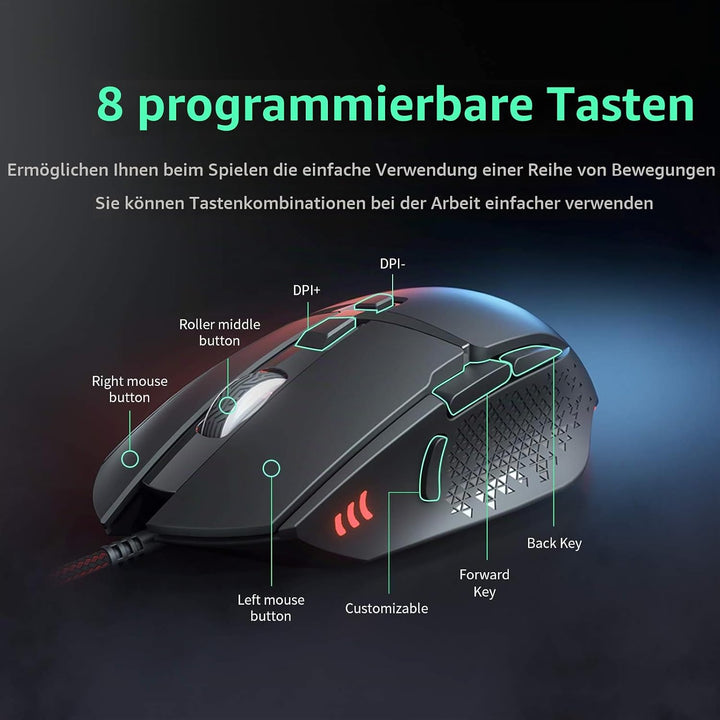 Gaming Maus 7200 DPI Einstellbarer USB RGB Led Gaming Mäuse für Grosse Hände, 8 Programmierbare PC M