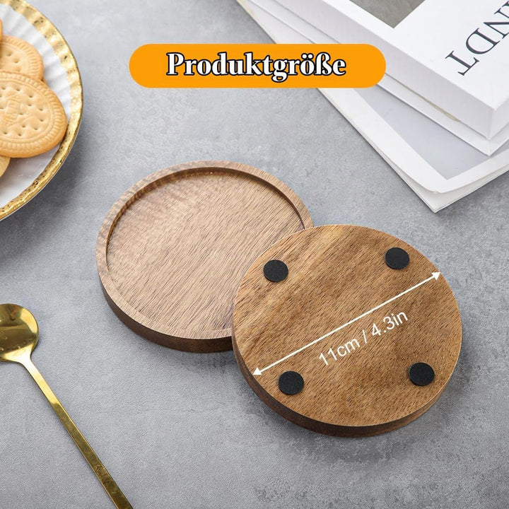 Untersetzer Gläser Holz 6er Set, Glasuntersetzer Holz mit Halter, Akazienholz Untersetzer Rund für G