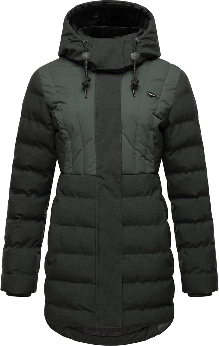 Ragwear Damen Wintermantel Warmer wasserdichter Steppmantel lang mit Kapuze Ashanta Block XS-6XL L D