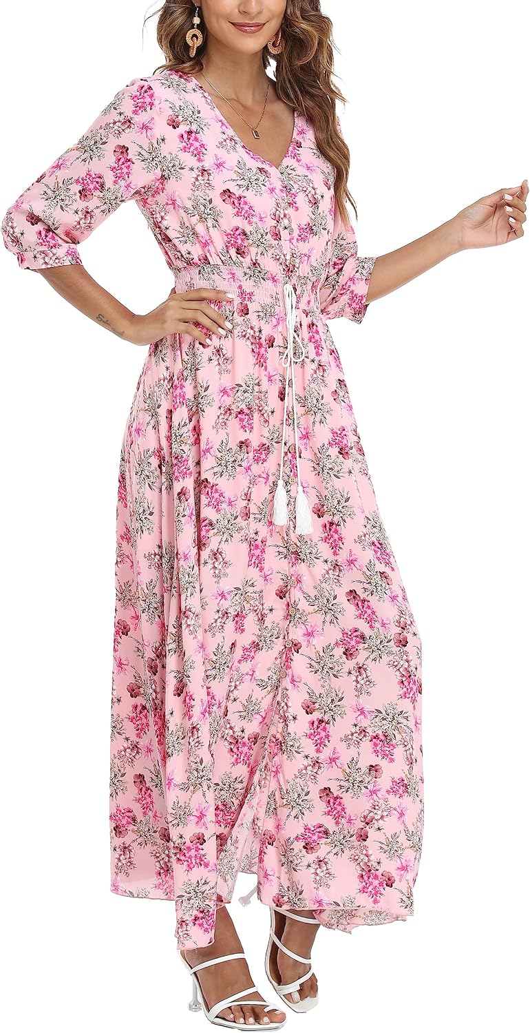 VOGMATE Damen Lange Split Knopf Up Sommer Maxikleid Floral Strandwear Holidy Kleid Hohe Taille mit k