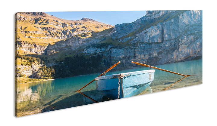Traumhaftes Boot am See Panorama 100x50 cm als Leinwandbild, Motiv fertig gerahmt auf Echtholzrahmen