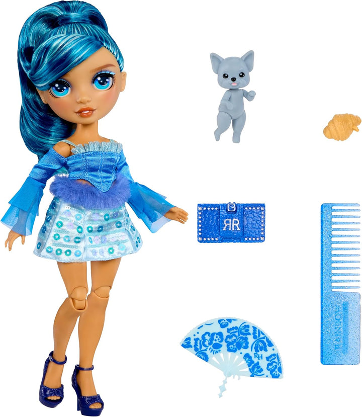Rainbow High Pretty in Paris Modepuppe - Skyler Bradshaw - 28 cm grosse Modepuppe in Blau mit Welpen