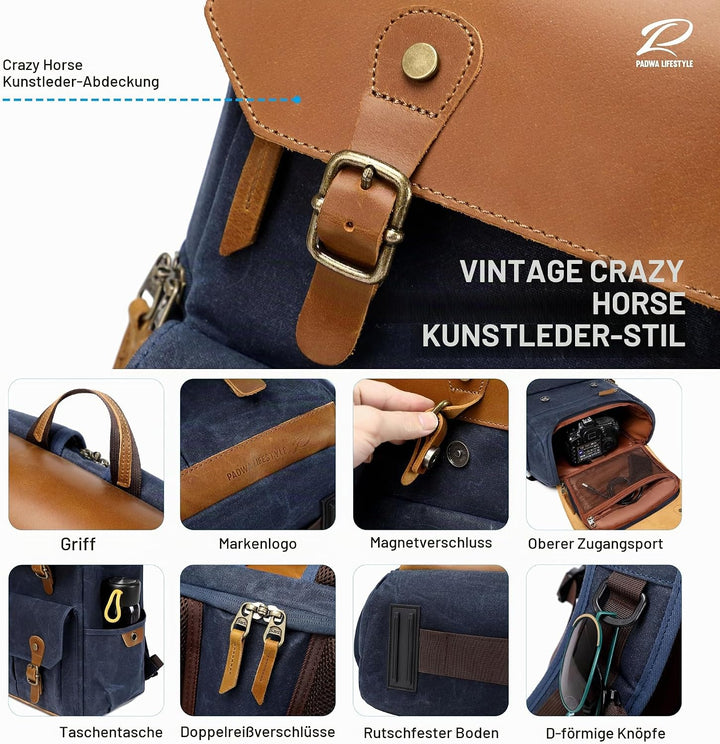 Padwa Lifestyle Blau Kamerarucksack - wetterfeste Kameratasche aus gewachstem Memory Canvas mit 16“