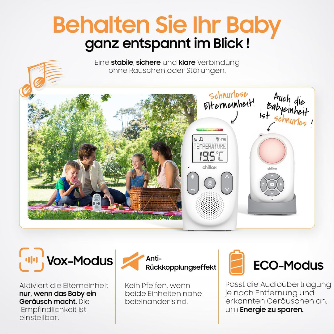 CHILLAX - Audio-Babyphone CB360 Portable - DECT - 2 schnurlose Einheiten - VOX & Eco Modus - Tempera