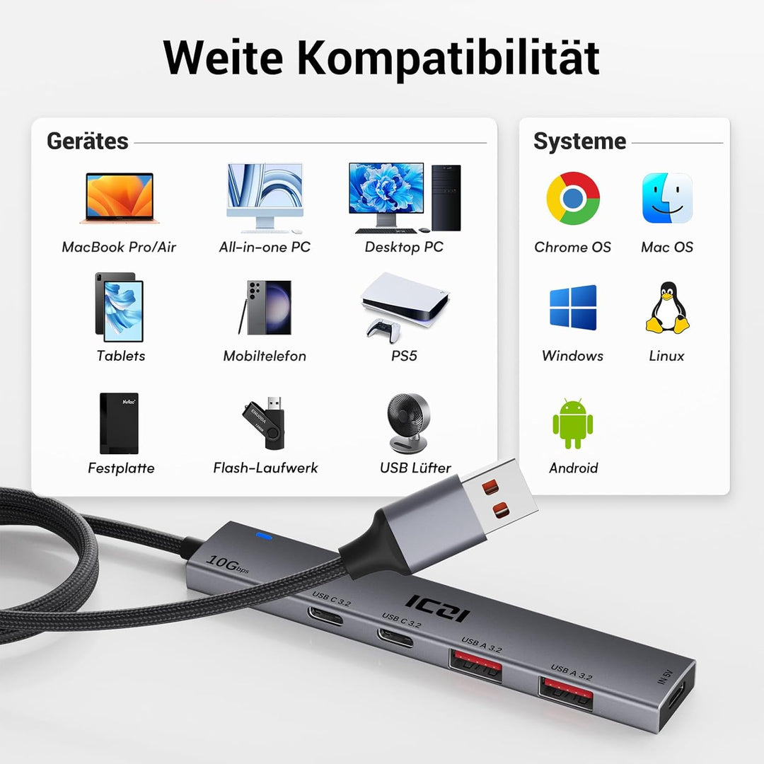 ICZI USB Hub 3.2 Verteiler 4 Port 10Gbps Mehrfachstecker USB 3.2 Gen 2 Adapter mit 120cm Kabel kompa