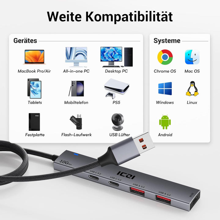 ICZI USB Hub 3.2 Verteiler 4 Port 10Gbps Mehrfachstecker USB 3.2 Gen 2 Adapter mit 120cm Kabel kompa