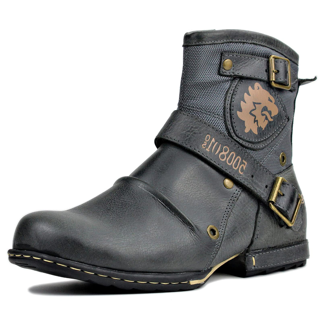 OSSTONE Herren Leder chukkastiefel Worker Biker Boots-Motorrad-Leder-Schuhe für reissverschluss Schn