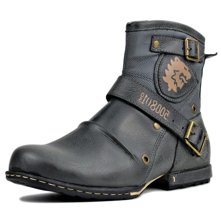 OSSTONE Herren Leder chukkastiefel Worker Biker Boots-Motorrad-Leder-Schuhe für reissverschluss Schn
