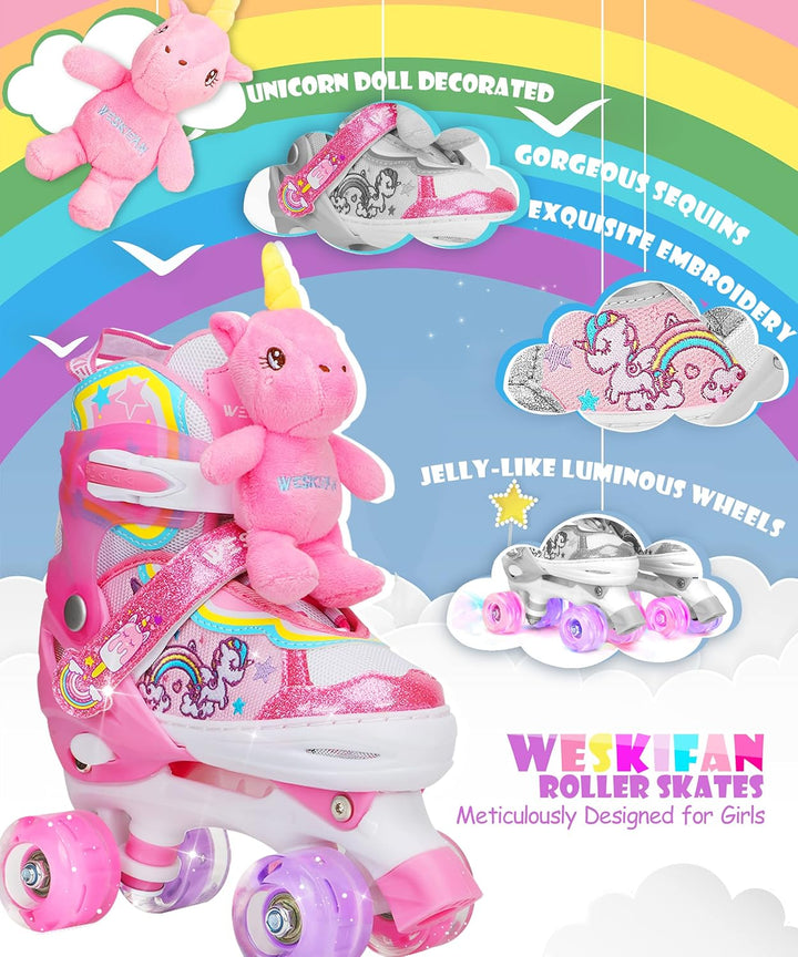 Kinder Einhorn-Puppe Rollschuhe für Mädchen 4 Grössen Verstellbar Quad Roller Skates für Anfänger We