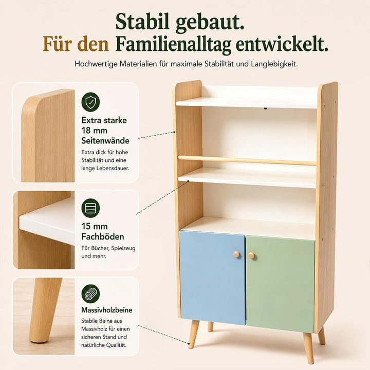 ALVIX Montessori Kinderregal mit 2 Türen und frontaler Buchablage | Bücherregal für Kinder, Spielzeu