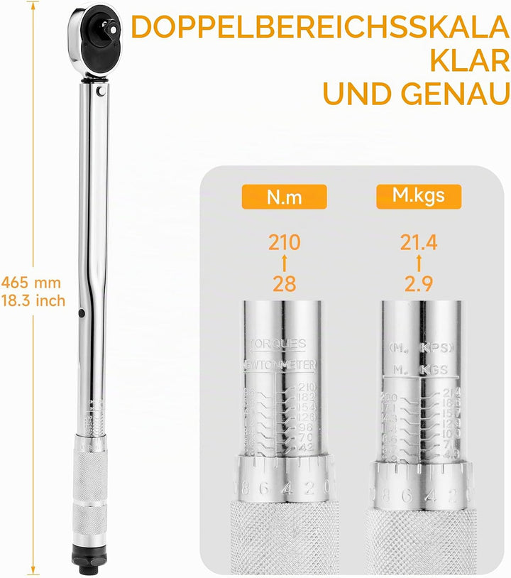 Hoteche Drehmomentschlüssel 1/2 Zoll 28-210Nm mit Hebelumschaltknarre und Stahlrohr für präzises Anz