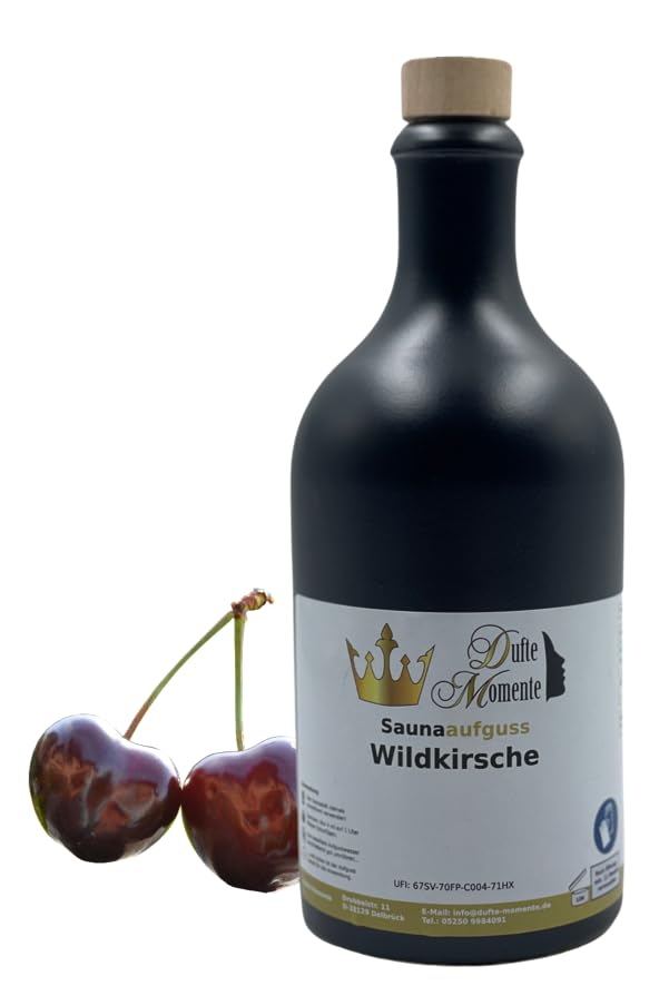 Dufte Momente | Saunaduft Wildkirsche 500ml in schwarzer Steinzeugflasche mit Korkmündung | vegan, o