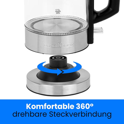 ProfiCook Wasserkocher Glas Edelstahl mit LED Beleuchtung 1 Liter, hitzebeständiger Glaswasserkocher