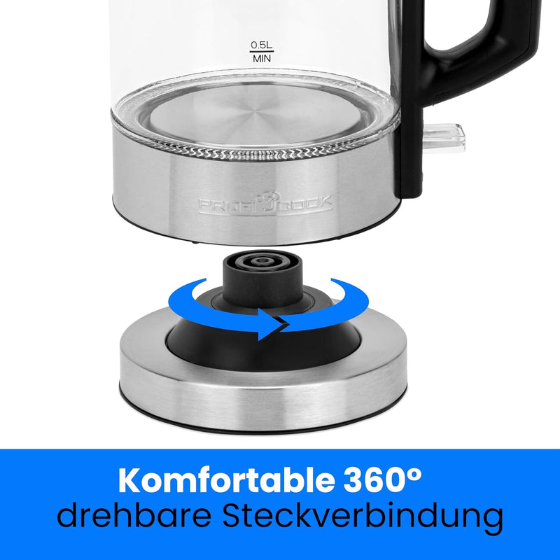 ProfiCook Wasserkocher Glas Edelstahl mit LED Beleuchtung 1 Liter, hitzebeständiger Glaswasserkocher