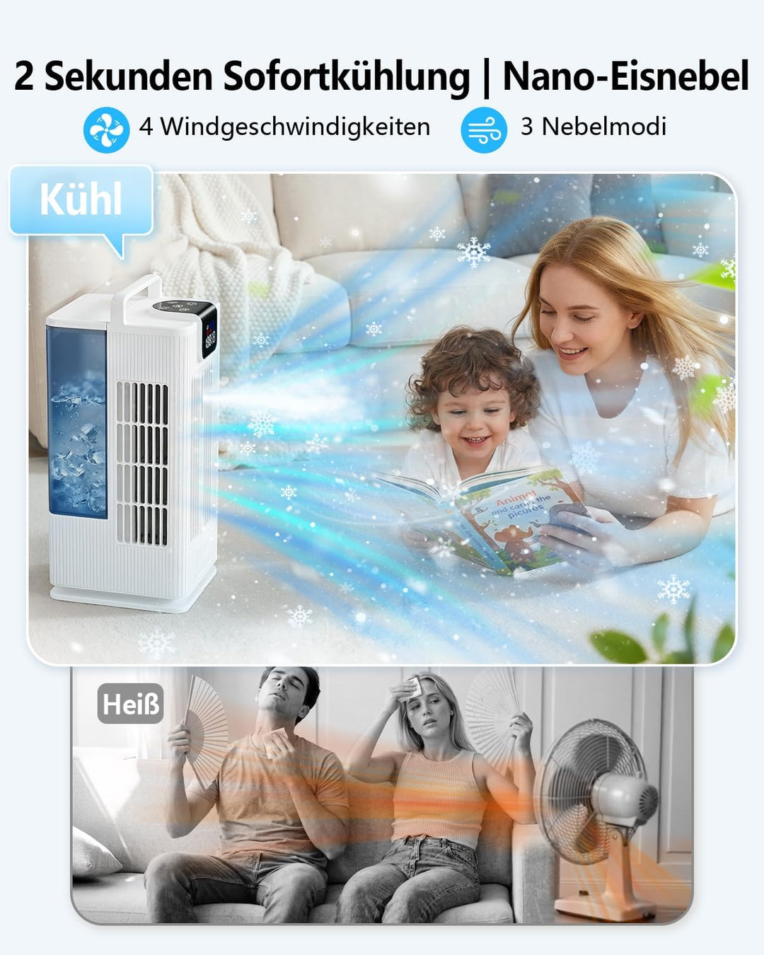 Mobil Klimaanlage Mini Luftkühler: Ventilator mit Wasserkühlung 2000ml Wassertank-120°Oszillation, 4