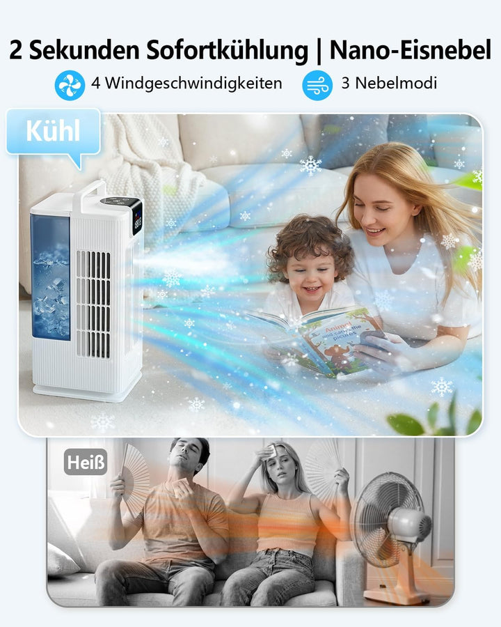 Mobil Klimaanlage Mini Luftkühler: Ventilator mit Wasserkühlung 2000ml Wassertank-120°Oszillation, 4
