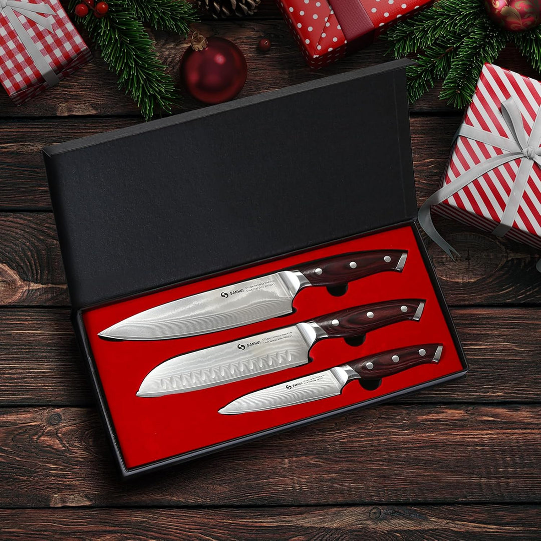 3er Damastmesser Set,Küchenmesser Set aus 67 Lagen Damaststahl mit Pakkaholzgriff,Profi Damast Messe
