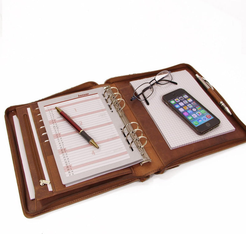 ALMADIH Leder A5 Organizer Ringmechanik Reissverschluss Kalender 2024 Schreibblock Premium Rindslede