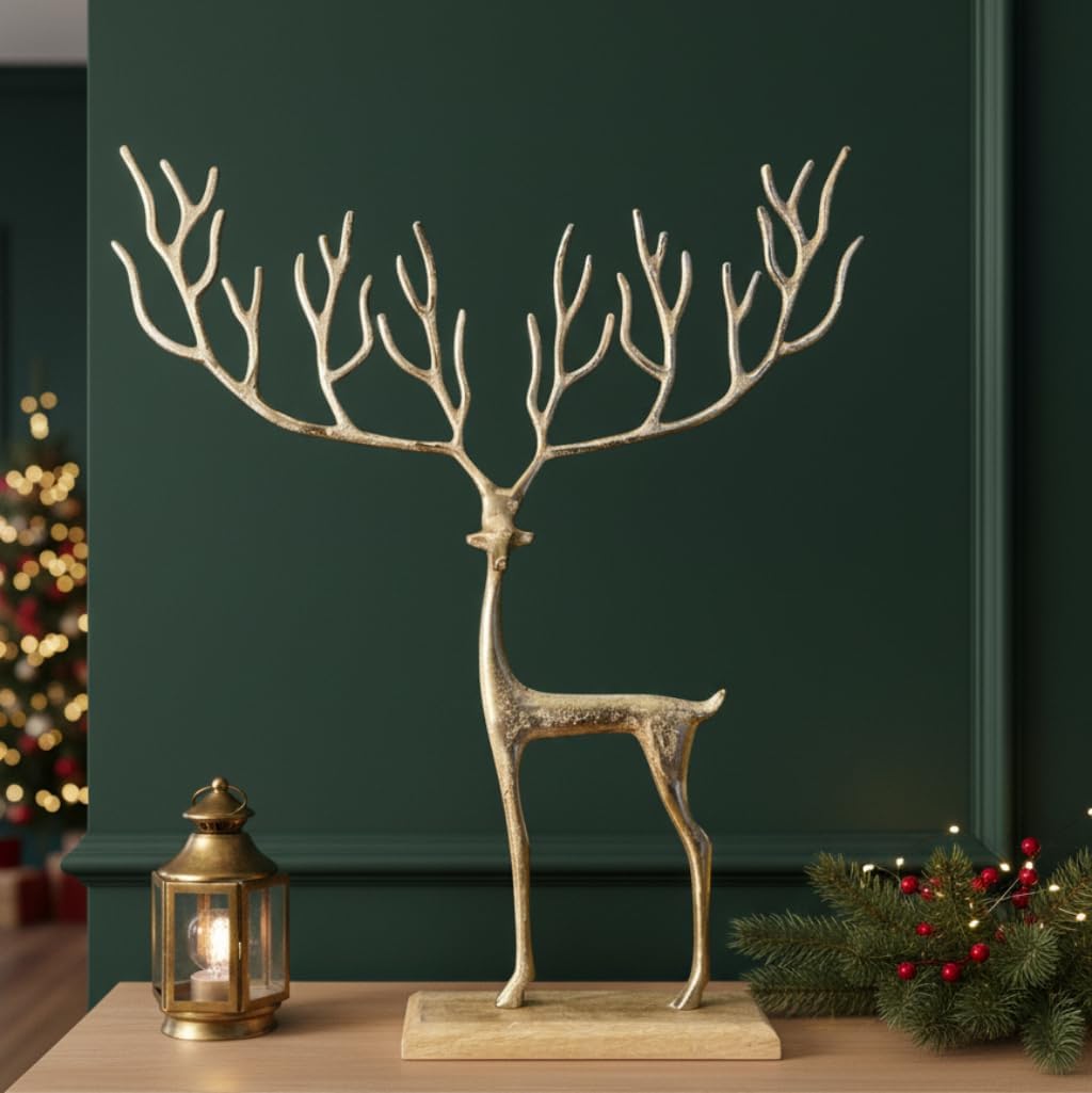 MF Goldenes Rentier mit Grafischem Geweih auf Holzbase - Exquisites Kunsthandwerk Hirsch Weihnachtsd