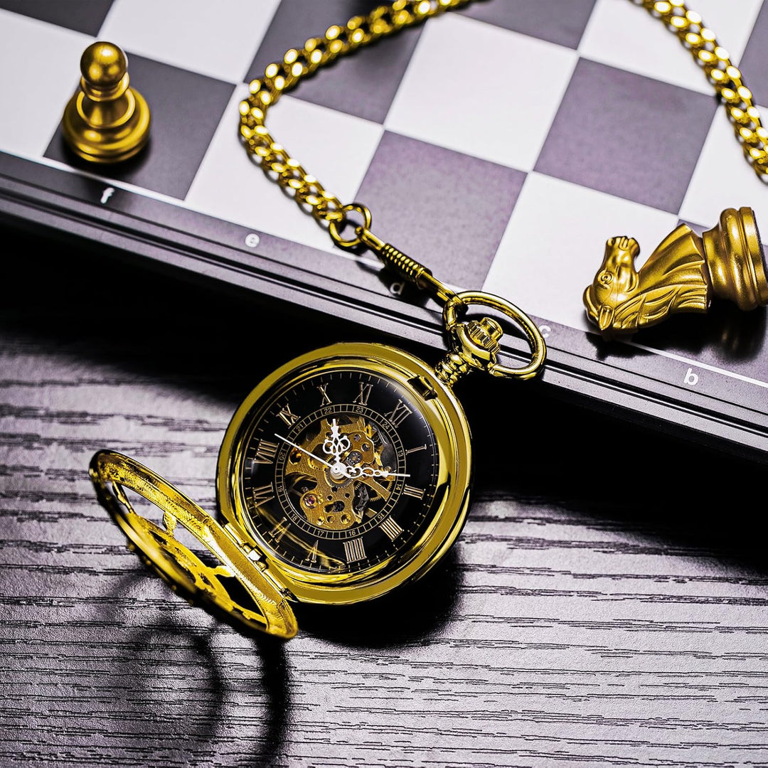 TREEWETO Unisex Taschenuhr mit Kette Analog Handaufzug Doppelscharnier Ruder Skelett Gold