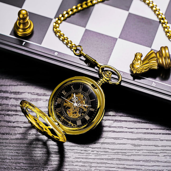 TREEWETO Unisex Taschenuhr mit Kette Analog Handaufzug Doppelscharnier Ruder Skelett Gold