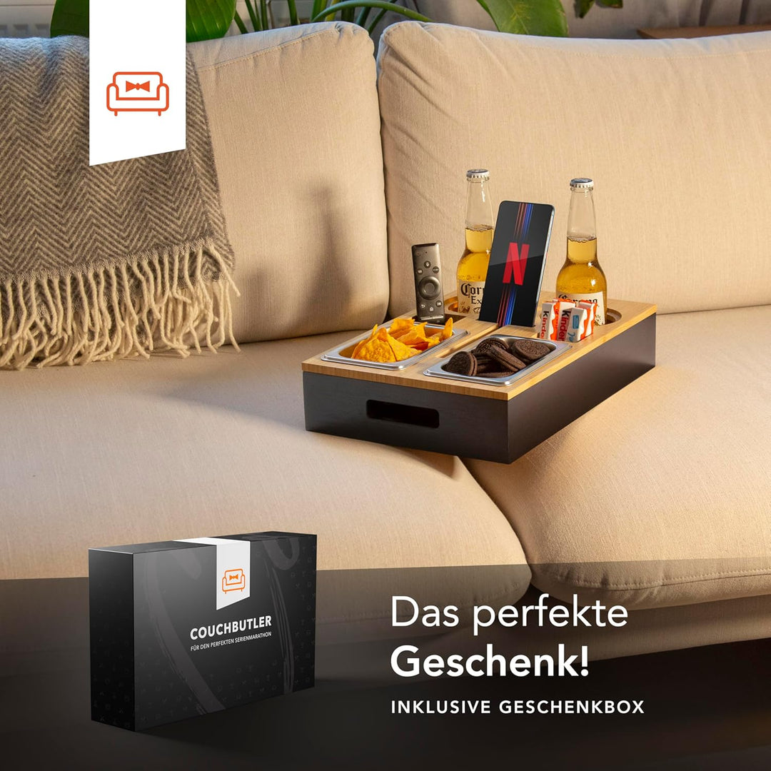 Couchbar Snackbox aus Bambus Personalisierbar inkl. Geschenkbox | Sofa Tablett mit 2 Snackschalen, 2