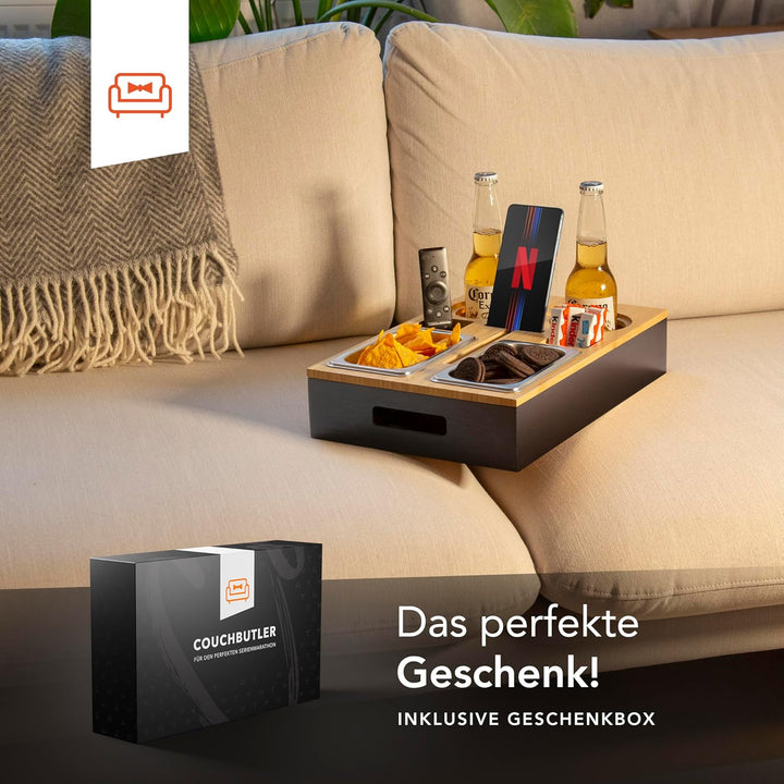 Couchbar Snackbox aus Bambus Personalisierbar inkl. Geschenkbox | Sofa Tablett mit 2 Snackschalen, 2