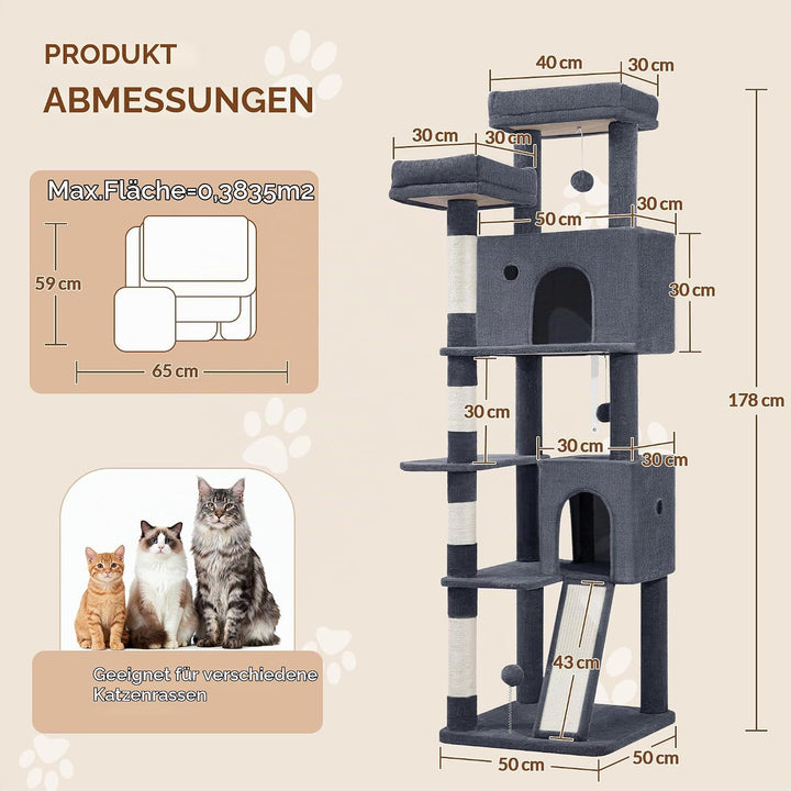 Kratzbaum 178 cm, Katzenbaum Gross, Kratzbaum Grosse Katzen Stabil mit Kratzsäulen, Kratzbrett, 2 Be