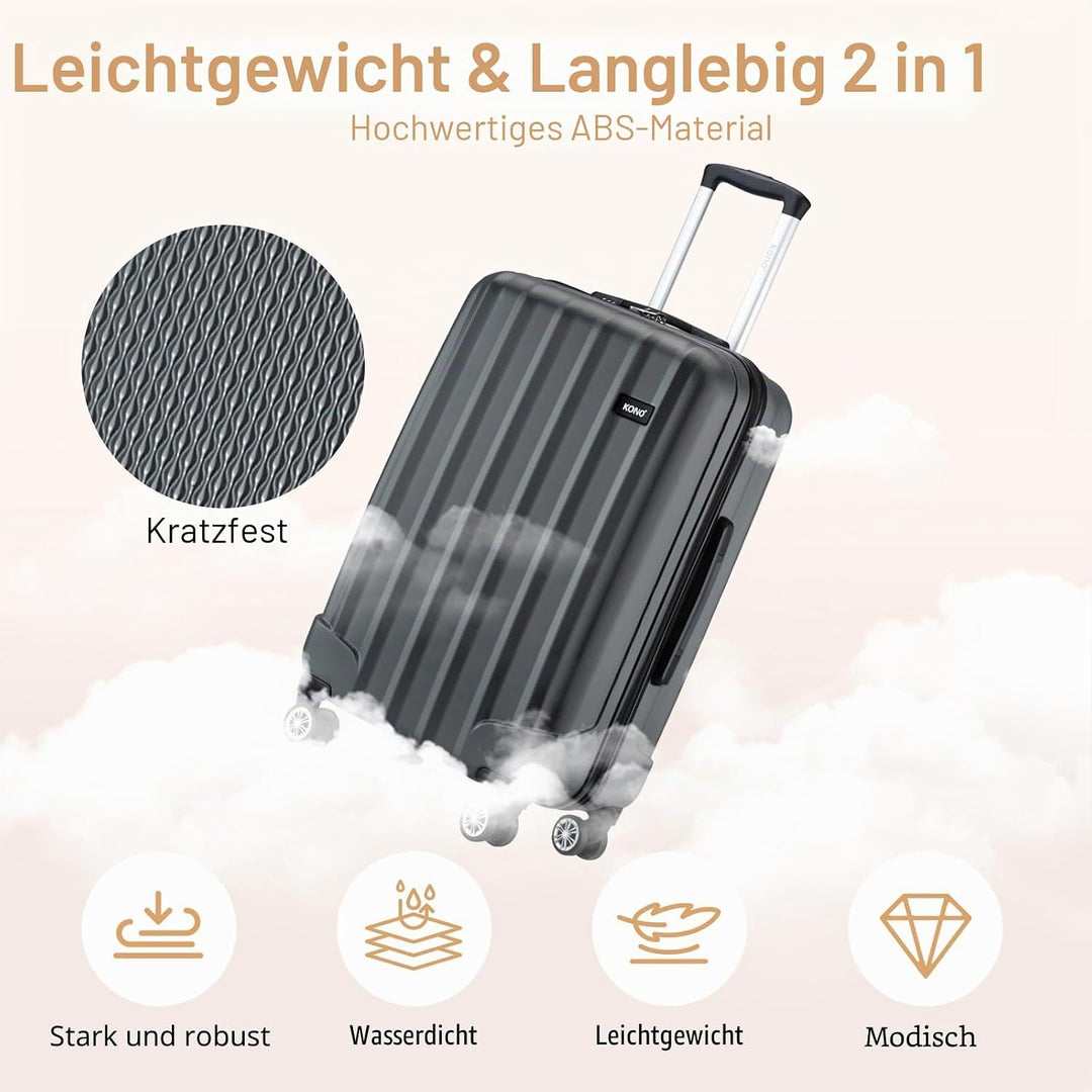 KONO Hartschale Gepäck Leichten ABS Reisekoffer Rollenkoffer 4 Rollen Grau L, Grau L