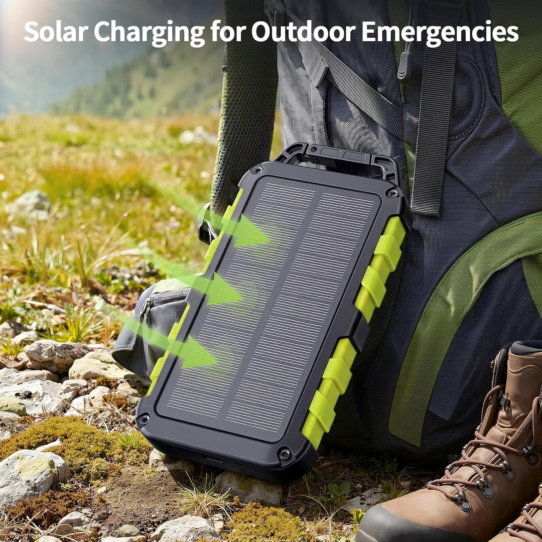Solar Powerbank 10000mAh PD 22,5W Schnellladung IPX6 Wasserdicht, 3 Ausgangsports, LED-Leuchte mit 3