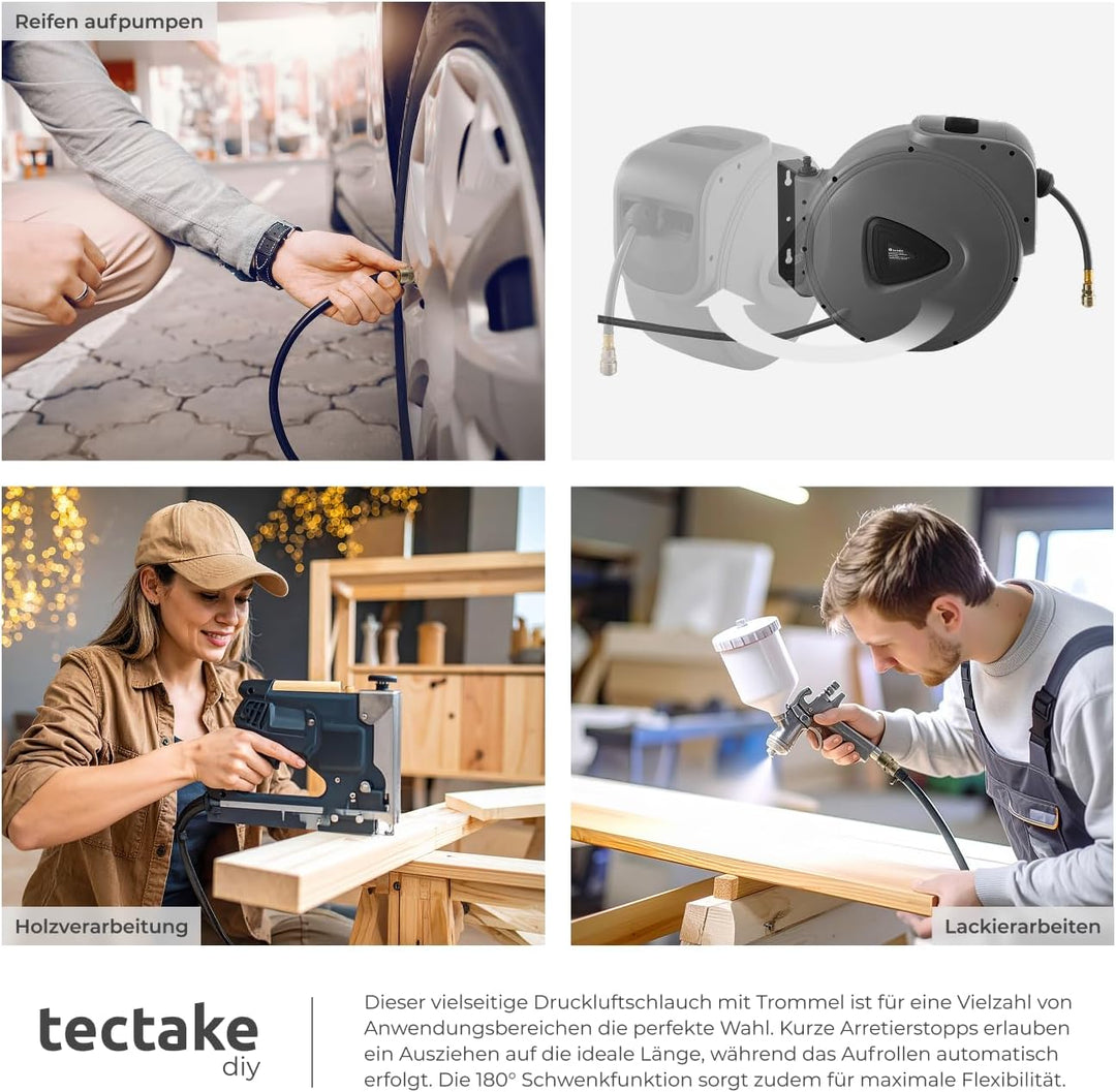 tectake 800801 Druckluftschlauch Aufroller mit ¼ Zoll Schnellkupplung, Aufroll-Automatik mit Schlauc
