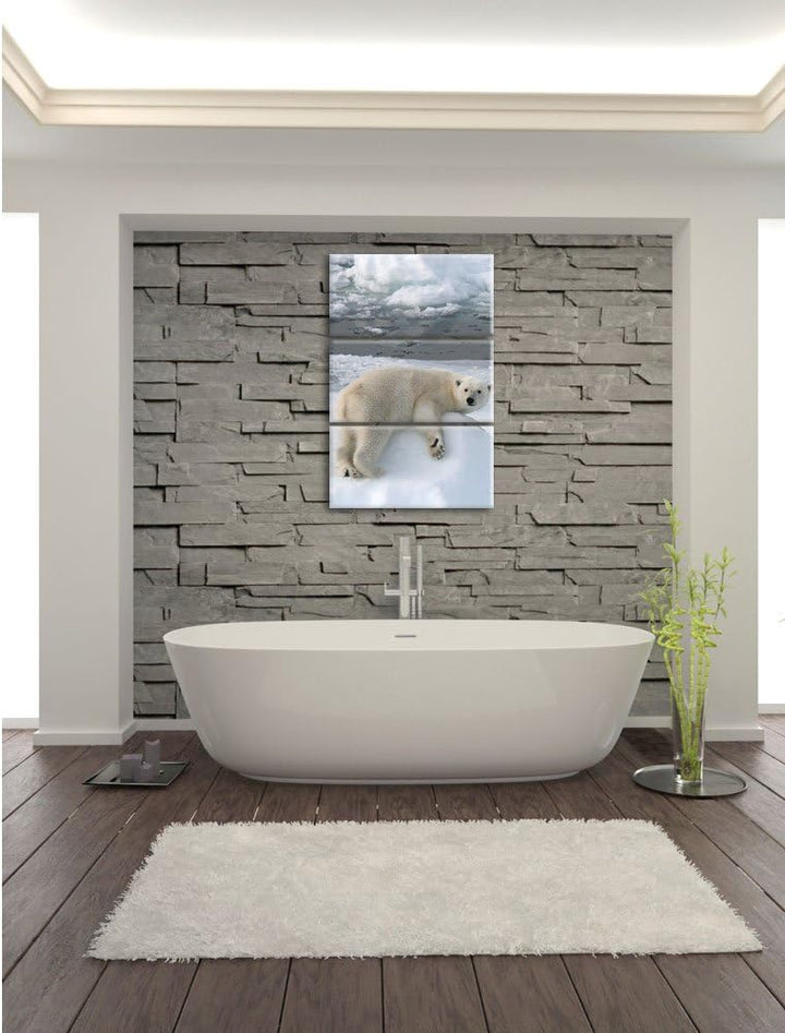 Pixxprint Eisbär auf Eisberg / 3-Teilig/Gesamtmass 120cm Leinwandbild bespannt auf Holzrahmen/Wandbi