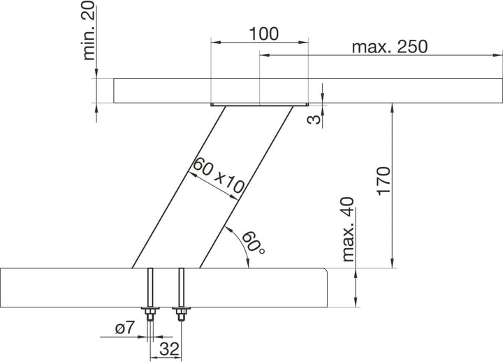 Bar-Konsole KORFU schräg 60° | 60x10 mm | Edelstahl gebürstet | Höhe: 170 mm | 1 Stück, Edelstahl